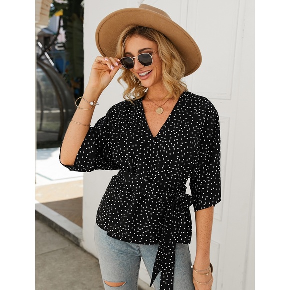 Polka Dot V-Neck Wrap Belted Black Top - Picture 2 of 8